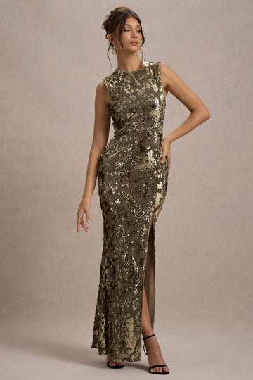 Cleopatra Gold Sequin Split Maxi Dress